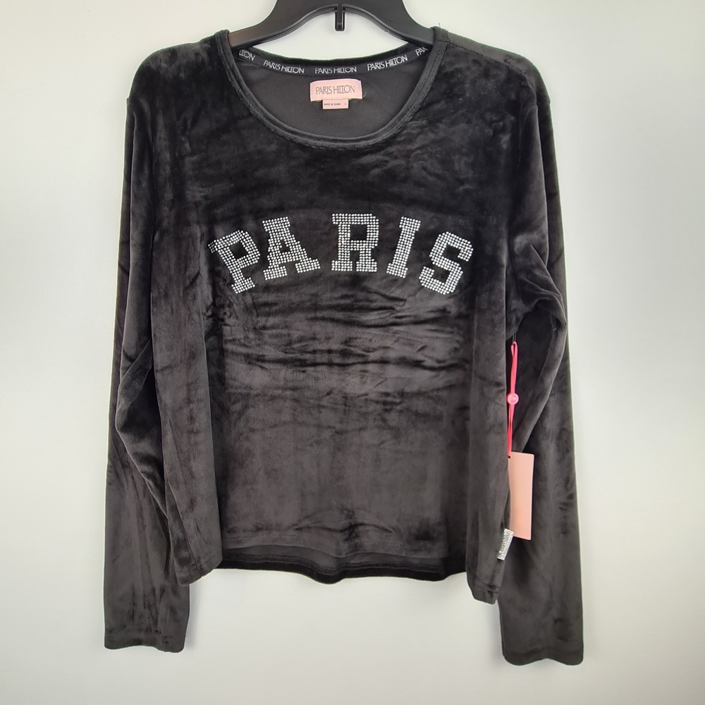 Paris Hilton Womens Velour Rhinestone Paris Long Sleeve Top Black Caviar L NEW
